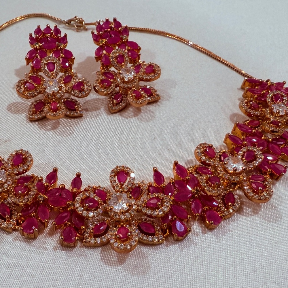 Pakistani indian Elegant Pink and Gold Floral Jewelry Set